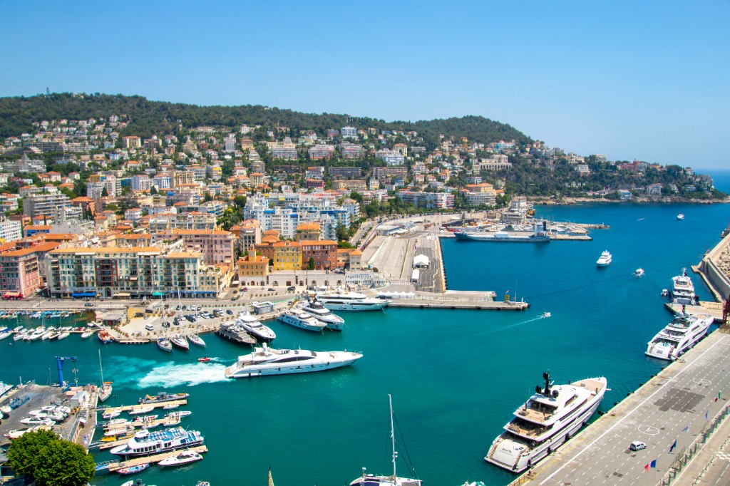 Nice harbor and Promenade des Anglais with ocean